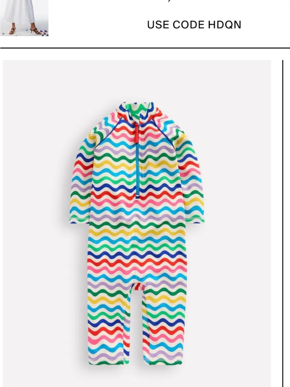 NWT Brand New Mini Boden Baby Long-Sleeve Zippered Swim Sunsuit - Rainbow Wave